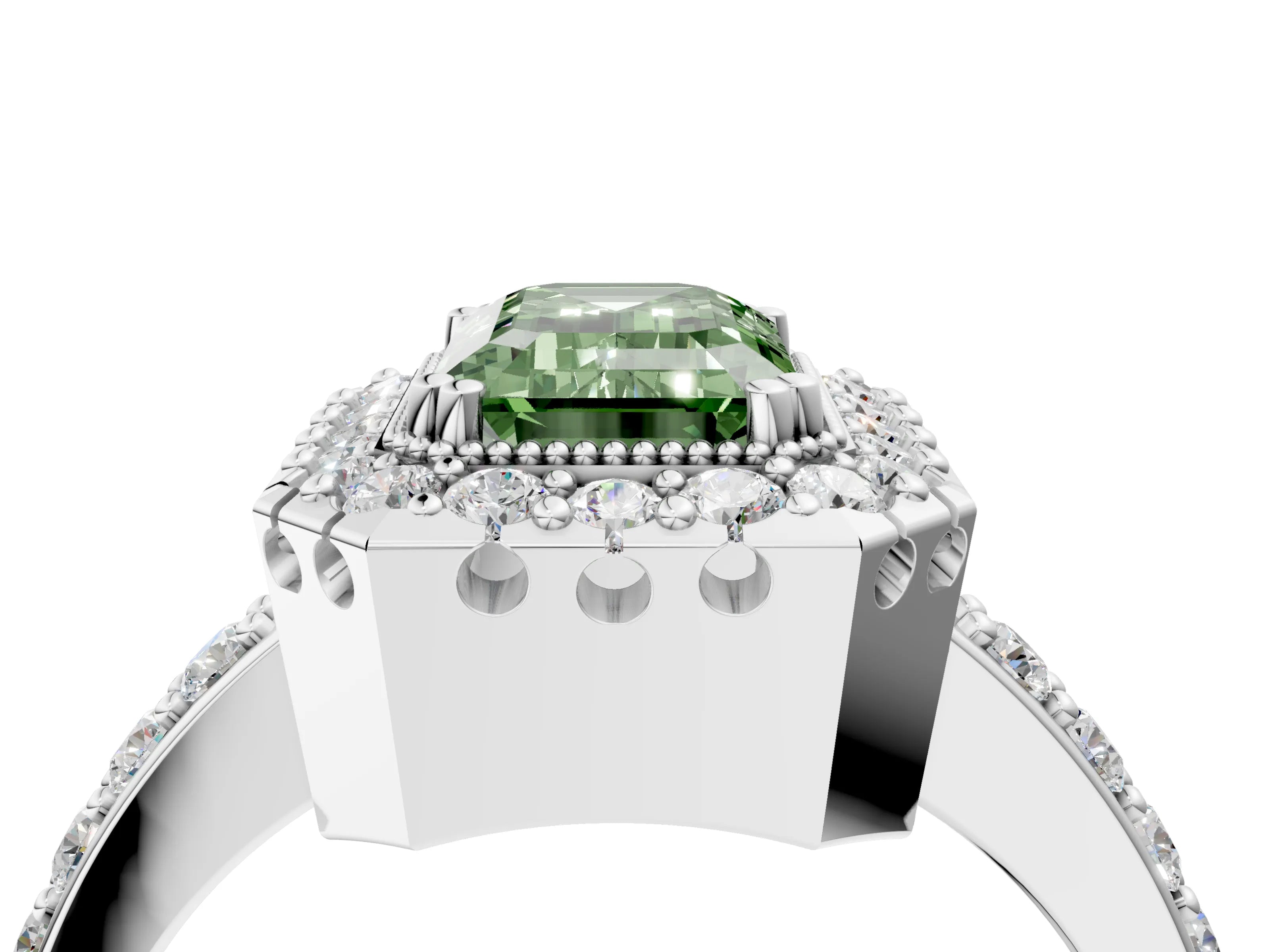 White gold Fancy Green Emerald Cut Diamond Halo Ring with Pavé Band and Prong Setting_16