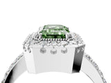 White gold Fancy Green Emerald Cut Diamond Halo Ring with Pavé Band and Prong Setting_16