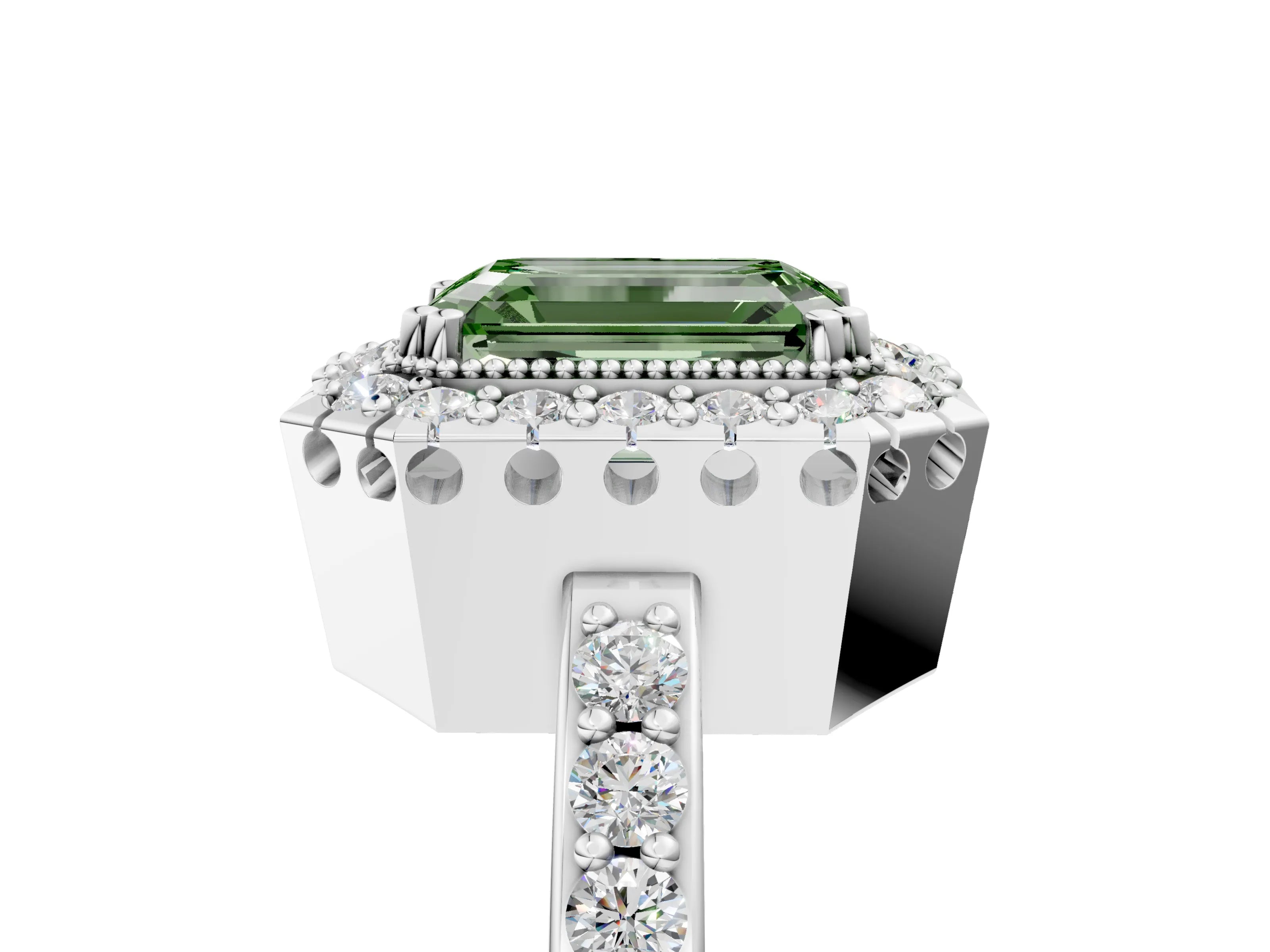 White gold Fancy Green Emerald Cut Diamond Halo Ring with Pavé Band and Prong Setting_17