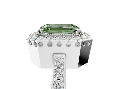 White gold Fancy Green Emerald Cut Diamond Halo Ring with Pavé Band and Prong Setting_17
