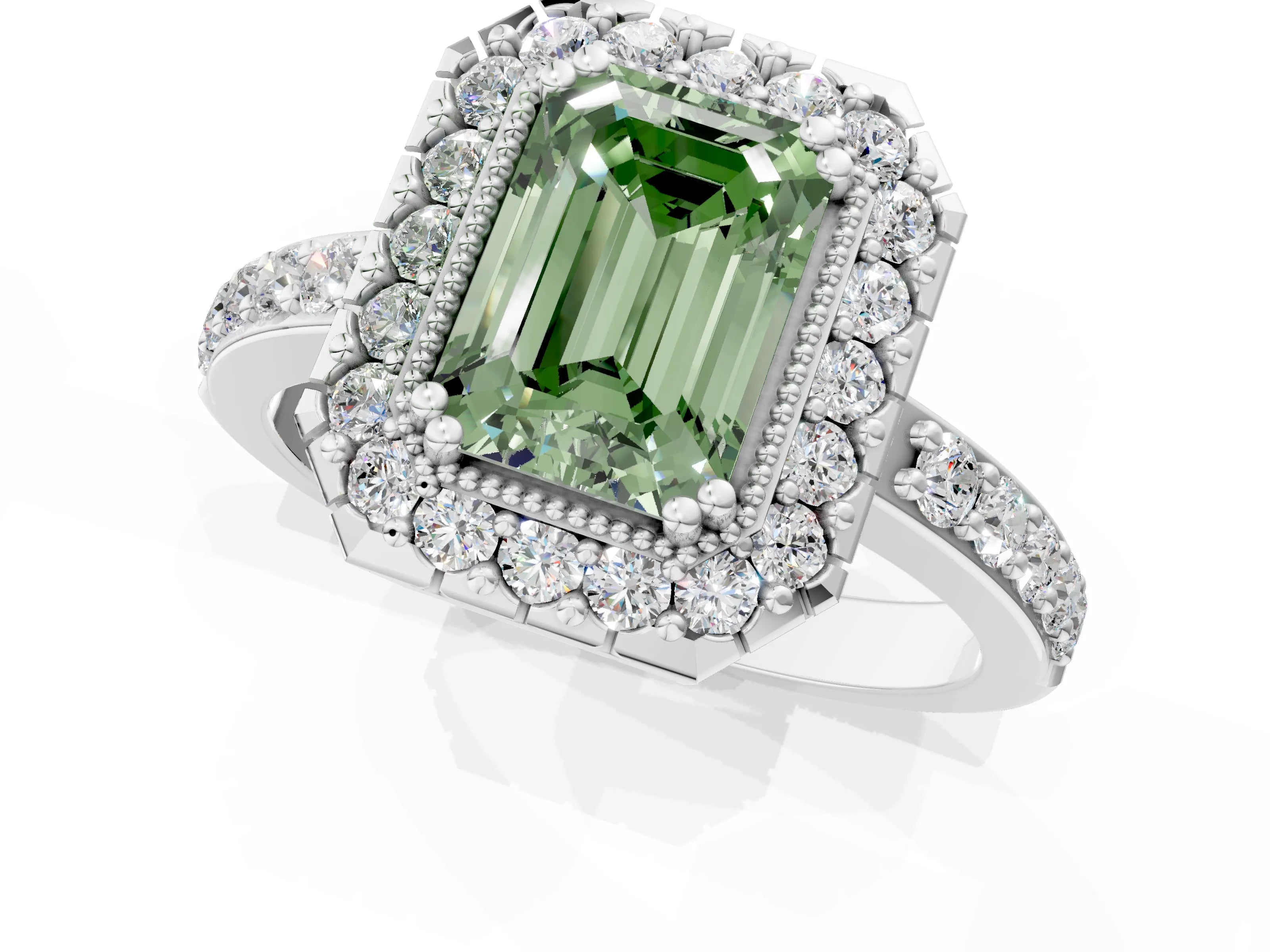 White gold Fancy Green Emerald Cut Diamond Halo Ring with Pavé Band and Prong Setting_1