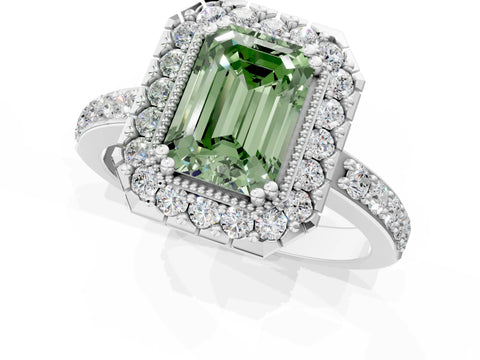 White gold Fancy Green Emerald Cut Diamond Halo Ring with Pavé Band and Prong Setting_1