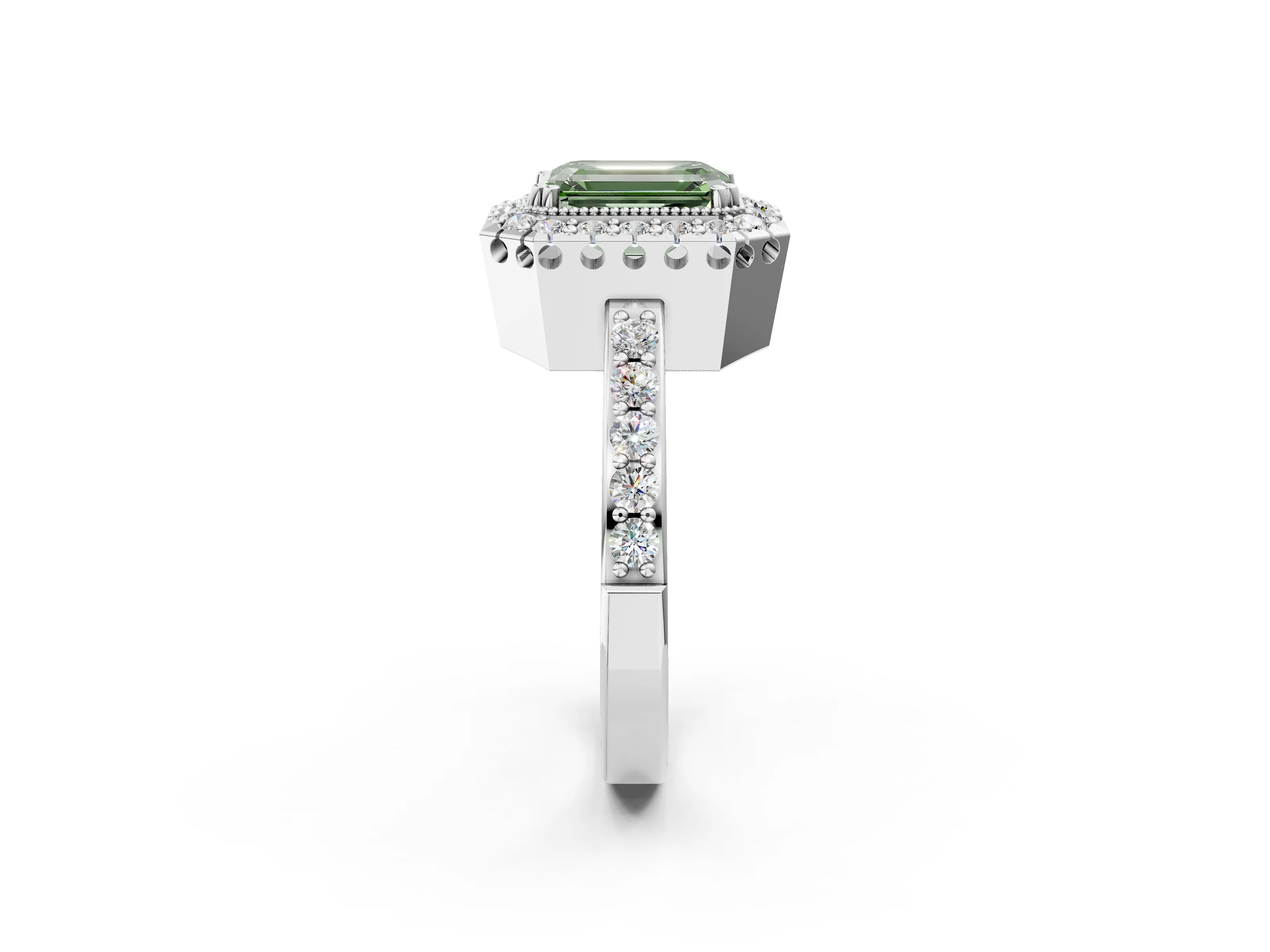 White gold Fancy Green Emerald Cut Diamond Halo Ring with Pavé Band and Prong Setting_2