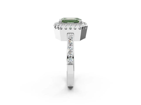 White gold Fancy Green Emerald Cut Diamond Halo Ring with Pavé Band and Prong Setting_2