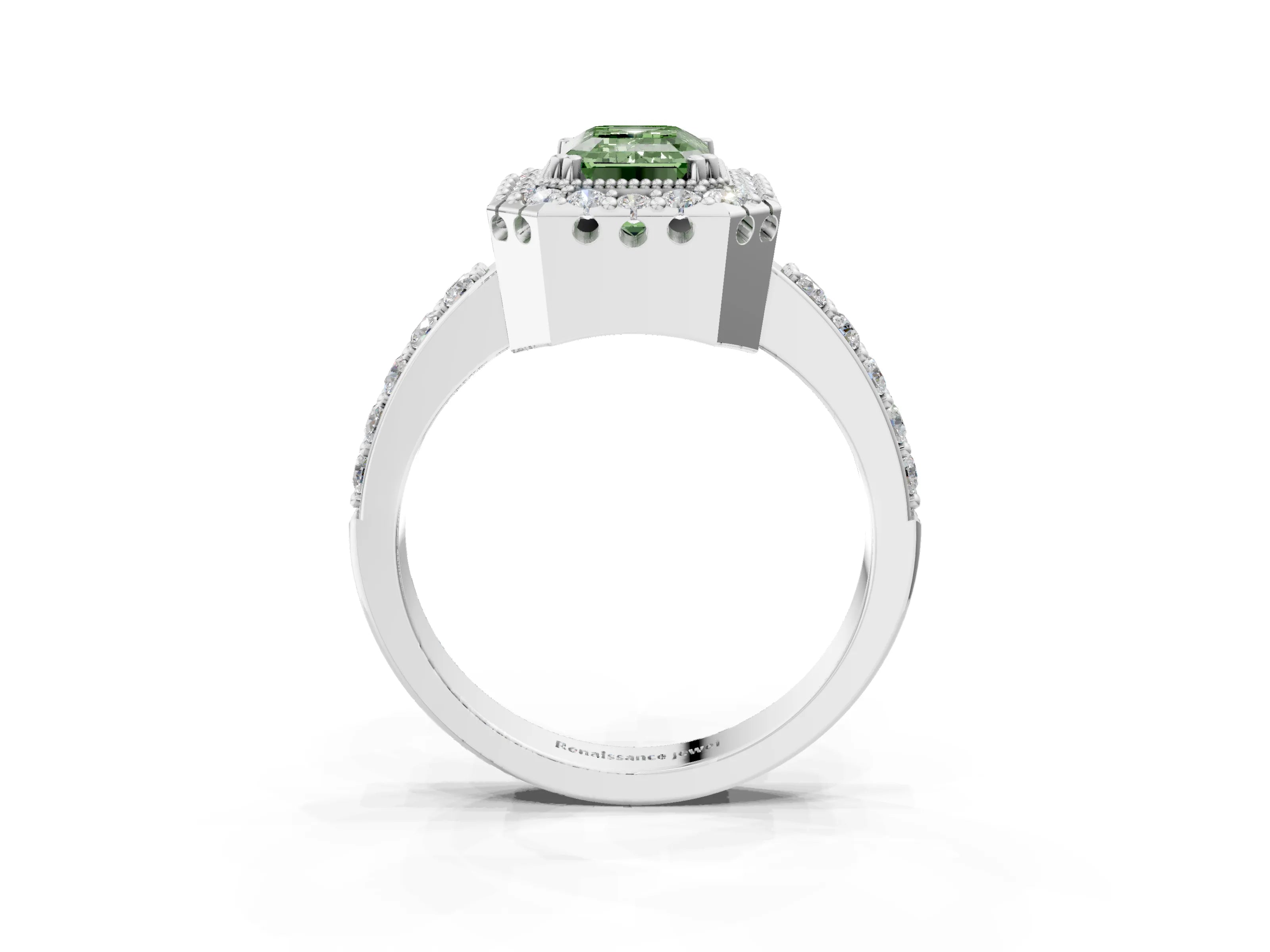 White gold Fancy Green Emerald Cut Diamond Halo Ring with Pavé Band and Prong Setting_3