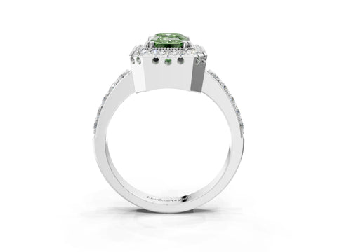White gold Fancy Green Emerald Cut Diamond Halo Ring with Pavé Band and Prong Setting_3