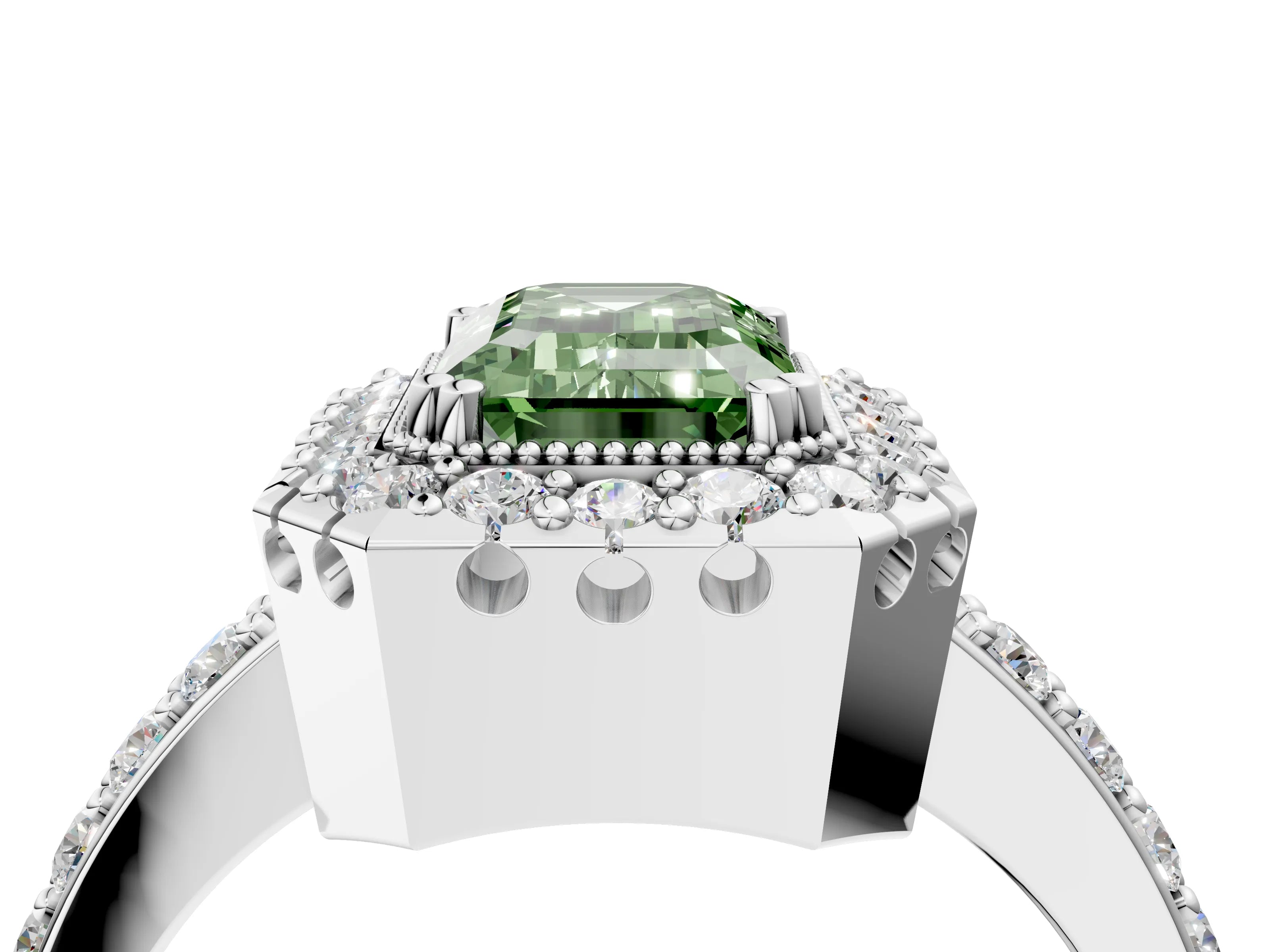 White gold Fancy Green Emerald Cut Diamond Halo Ring with Pavé Band and Prong Setting_4