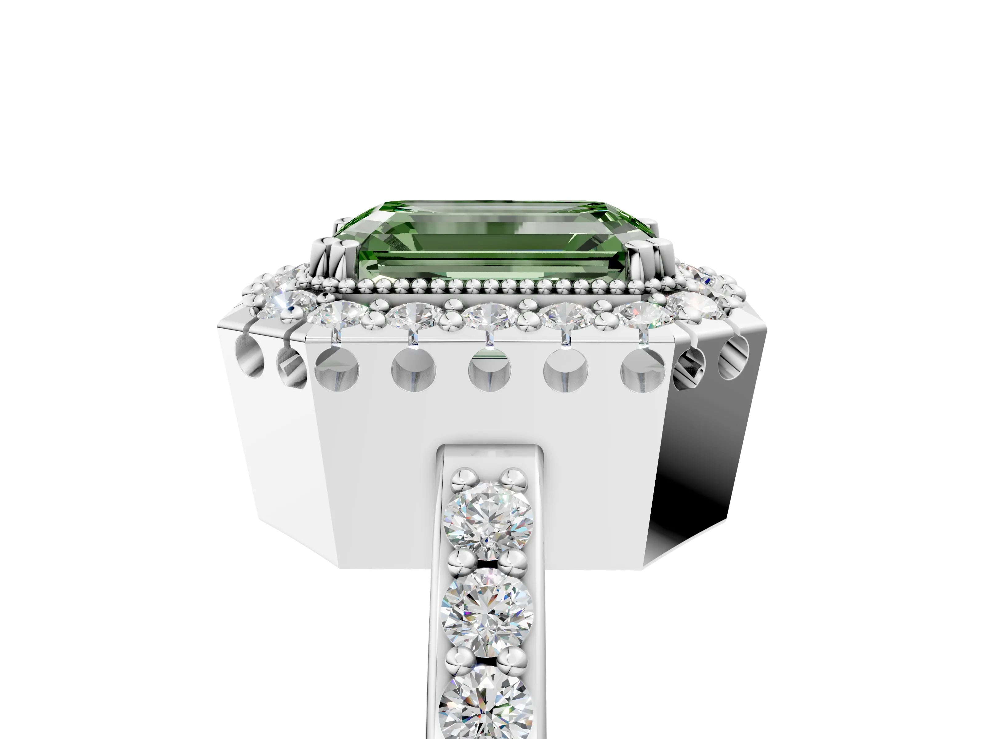 White gold Fancy Green Emerald Cut Diamond Halo Ring with Pavé Band and Prong Setting_5