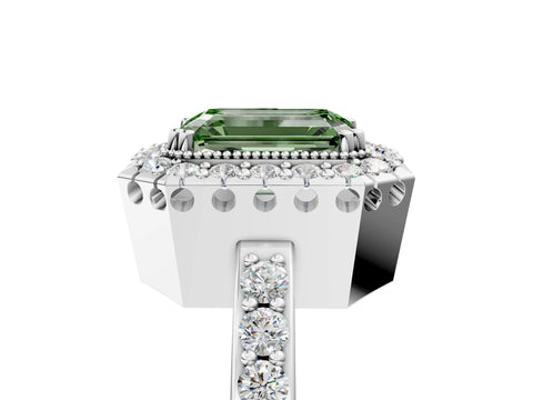 White gold Fancy Green Emerald Cut Diamond Halo Ring with Pavé Band and Prong Setting_5