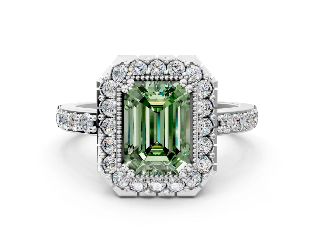 White gold Fancy Green Emerald Cut Diamond Halo Ring with Pavé Band and Prong Setting