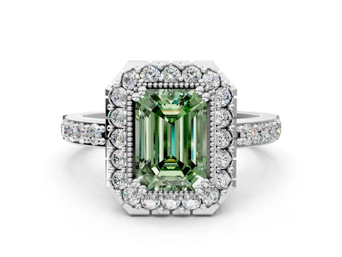 White gold Fancy Green Emerald Cut Diamond Halo Ring with Pavé Band and Prong Setting