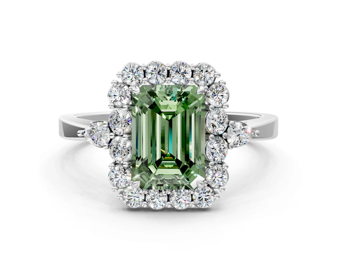 White gold Fancy Green Emerald Cut Diamond Halo Ring with Pear Side Stones and Prong Setting_75