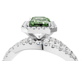 White gold Fancy Green Emerald Cut Diamond Halo Ring with Round Split Shank and Prong Setting_26