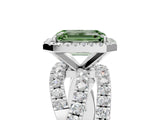 White gold Fancy Green Emerald Cut Diamond Halo Ring with Round Split Shank and Prong Setting_27