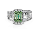 White gold Fancy Green Emerald Cut Diamond Halo Ring with Round Split Shank and Prong Setting_82