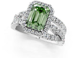White gold Fancy Green Emerald Cut Diamond Halo Ring with Round Split Shank and Prong Setting_83