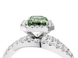 White gold Fancy Green Emerald Cut Diamond Halo Ring with Round Split Shank and Prong Setting_86