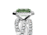 White gold Fancy Green Emerald Cut Diamond Halo Ring with Round Split Shank and Prong Setting_87