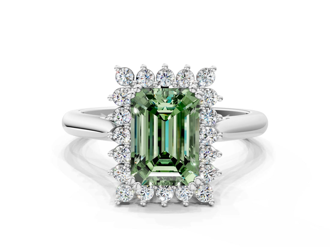 White gold Fancy Green Emerald  Cut Diamond Halo Ring with Solitaire Band and Prong Setting_53