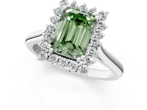 Platinum Fancy Green Emerald  Cut Diamond Halo Ring with Solitaire Band and Prong Setting
