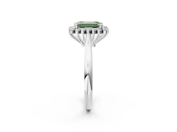 Platinum Fancy Green Emerald  Cut Diamond Halo Ring with Solitaire Band and Prong Setting