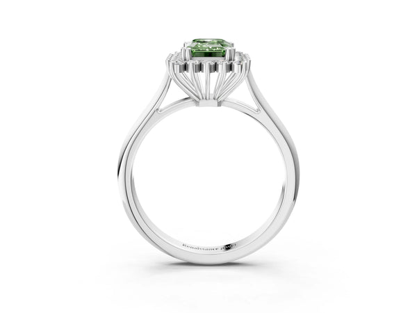 Platinum Fancy Green Emerald  Cut Diamond Halo Ring with Solitaire Band and Prong Setting