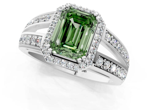 White gold Fancy Green Emerald Cut Diamond Halo Ring with Split Shank Pavé Band and Four-Prong Setting_13