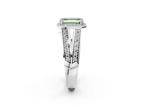 White gold Fancy Green Emerald Cut Diamond Halo Ring with Split Shank Pavé Band and Four-Prong Setting_14