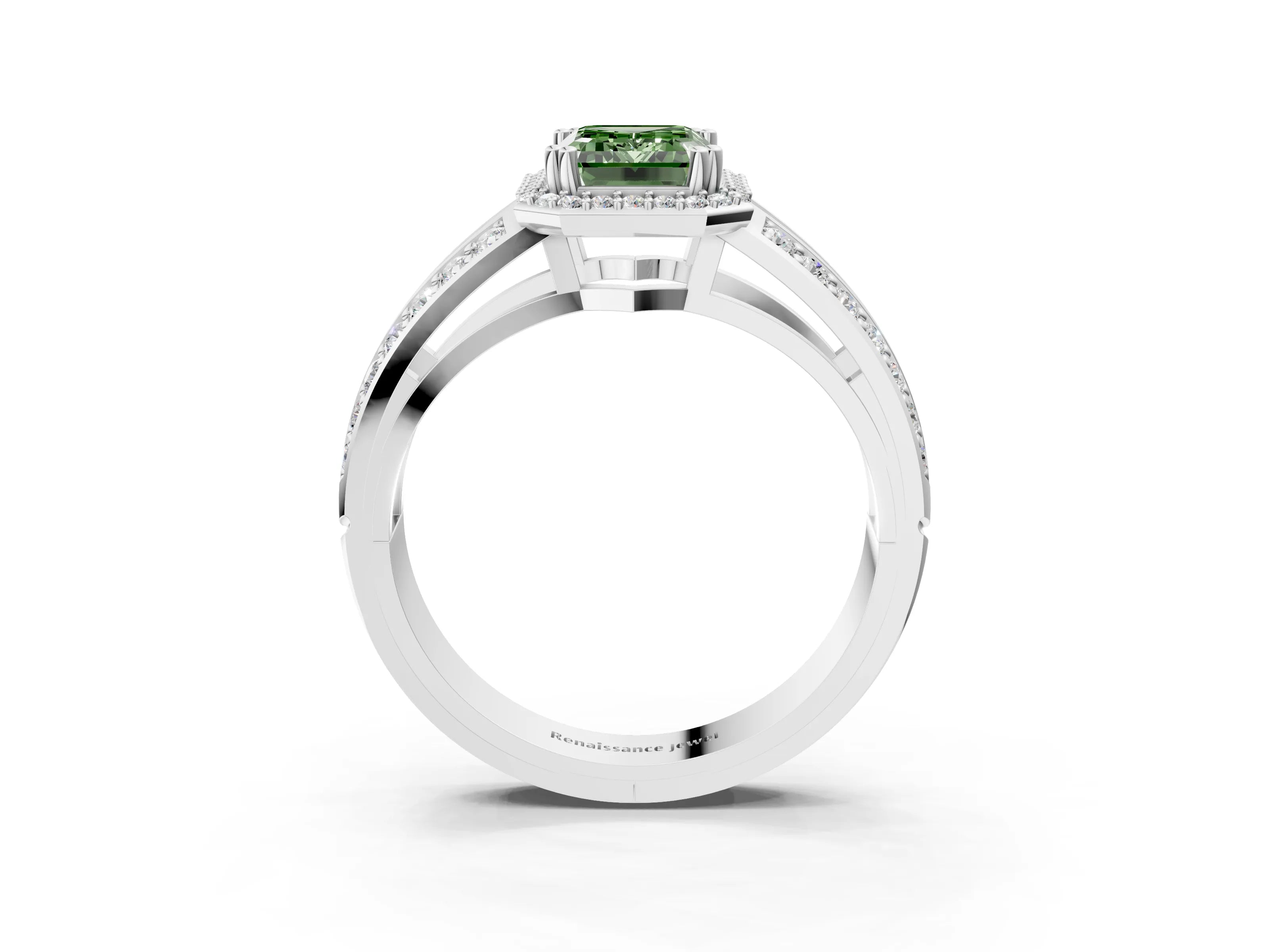 White gold Fancy Green Emerald Cut Diamond Halo Ring with Split Shank Pavé Band and Four-Prong Setting_15
