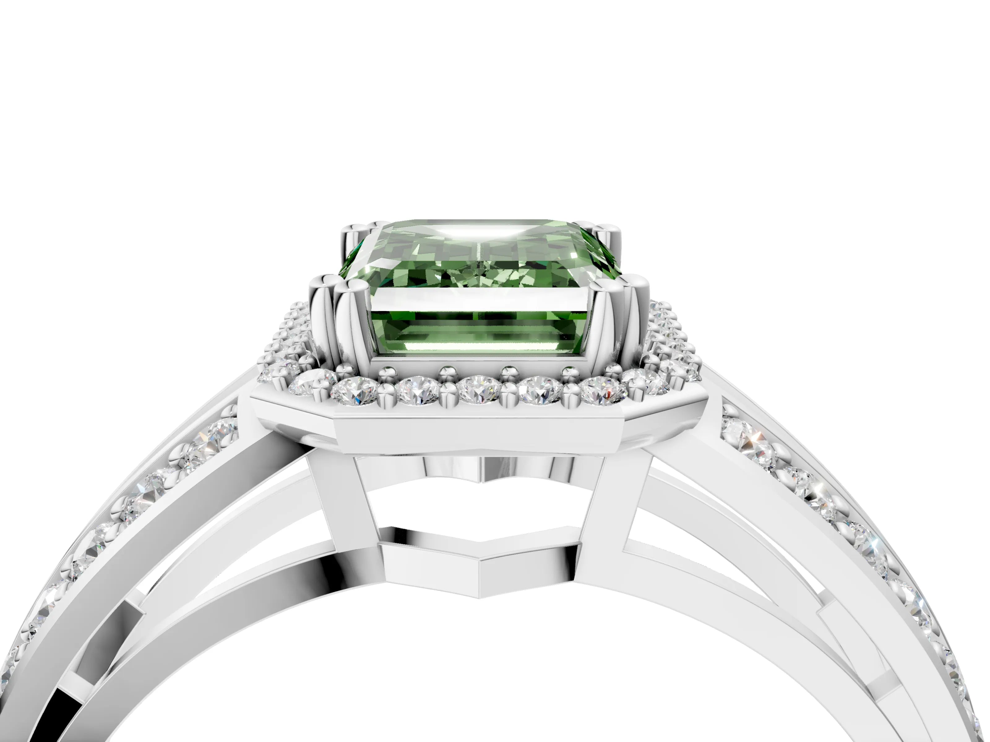 White gold Fancy Green Emerald Cut Diamond Halo Ring with Split Shank Pavé Band and Four-Prong Setting_16