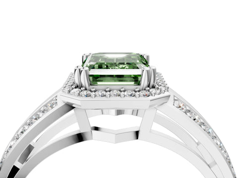 White gold Fancy Green Emerald Cut Diamond Halo Ring with Split Shank Pavé Band and Four-Prong Setting_16