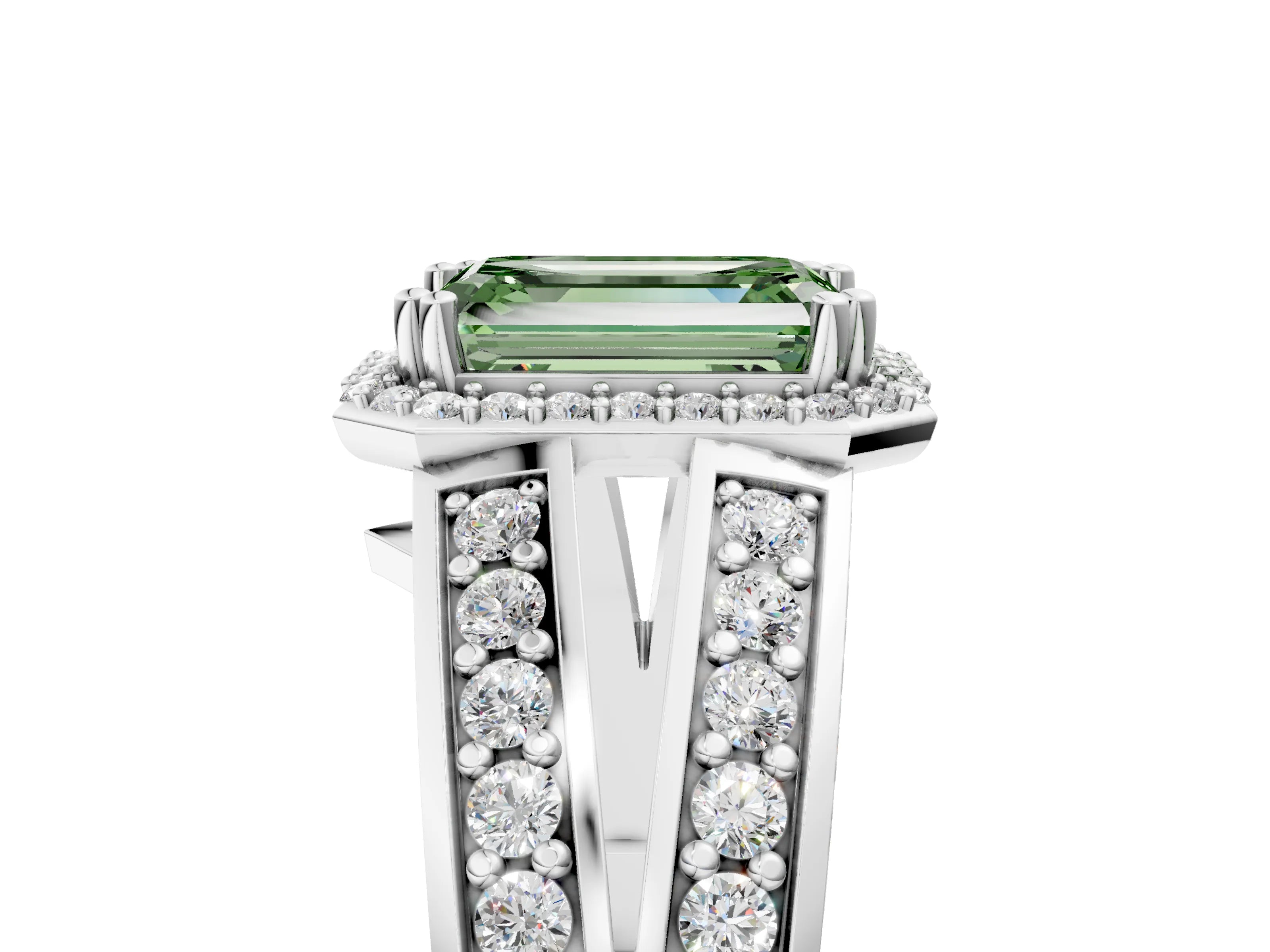 White gold Fancy Green Emerald Cut Diamond Halo Ring with Split Shank Pavé Band and Four-Prong Setting_17