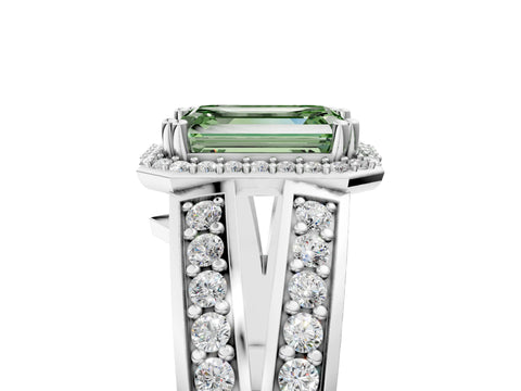 White gold Fancy Green Emerald Cut Diamond Halo Ring with Split Shank Pavé Band and Four-Prong Setting_17