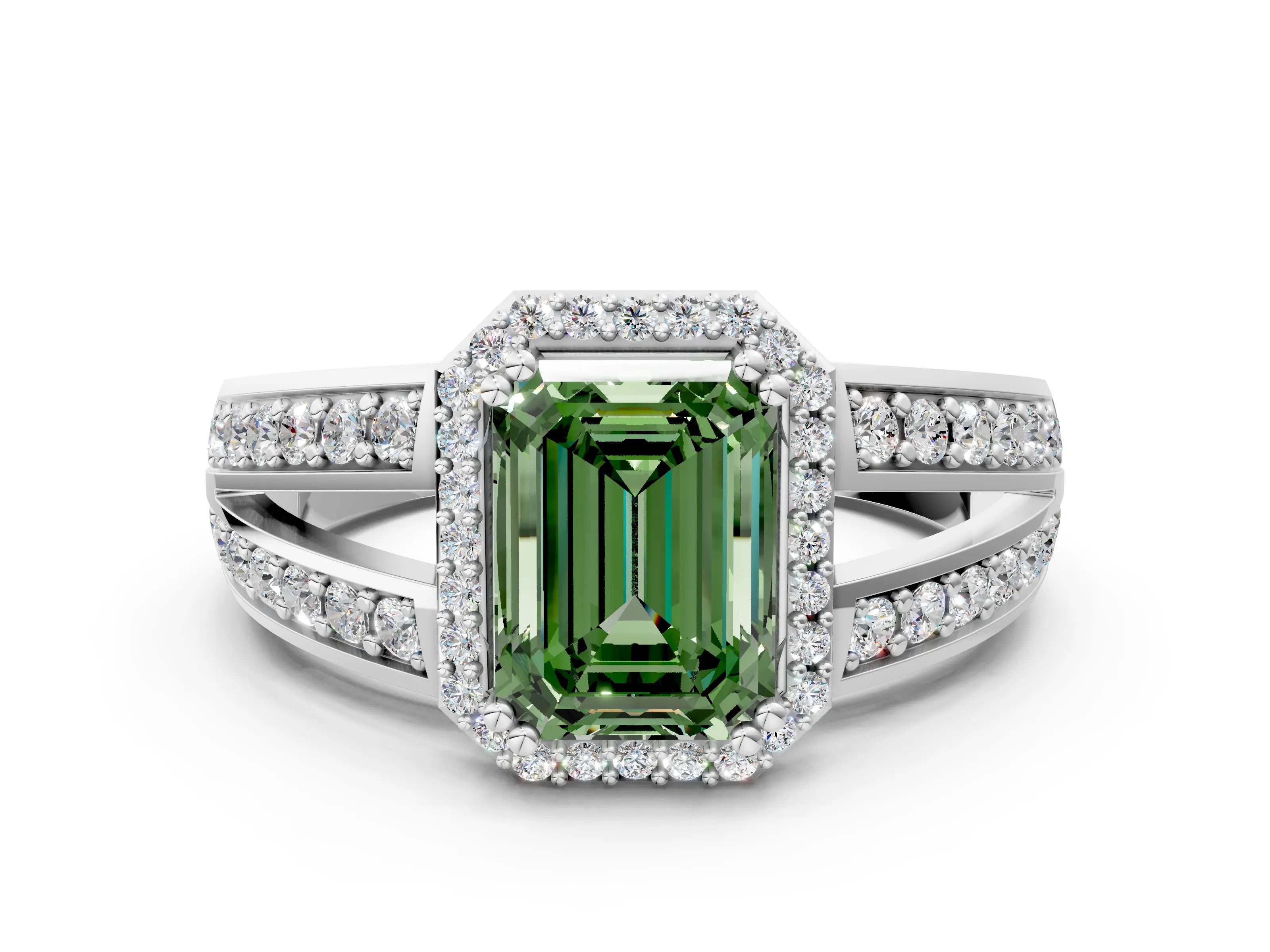 White gold Fancy Green Emerald Cut Diamond Halo Ring with Split Shank Pavé Band and Four-Prong Setting_19
