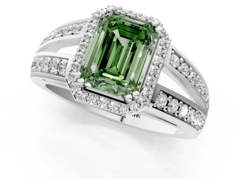 White gold Fancy Green Emerald Cut Diamond Halo Ring with Split Shank Pavé Band and Four-Prong Setting_20