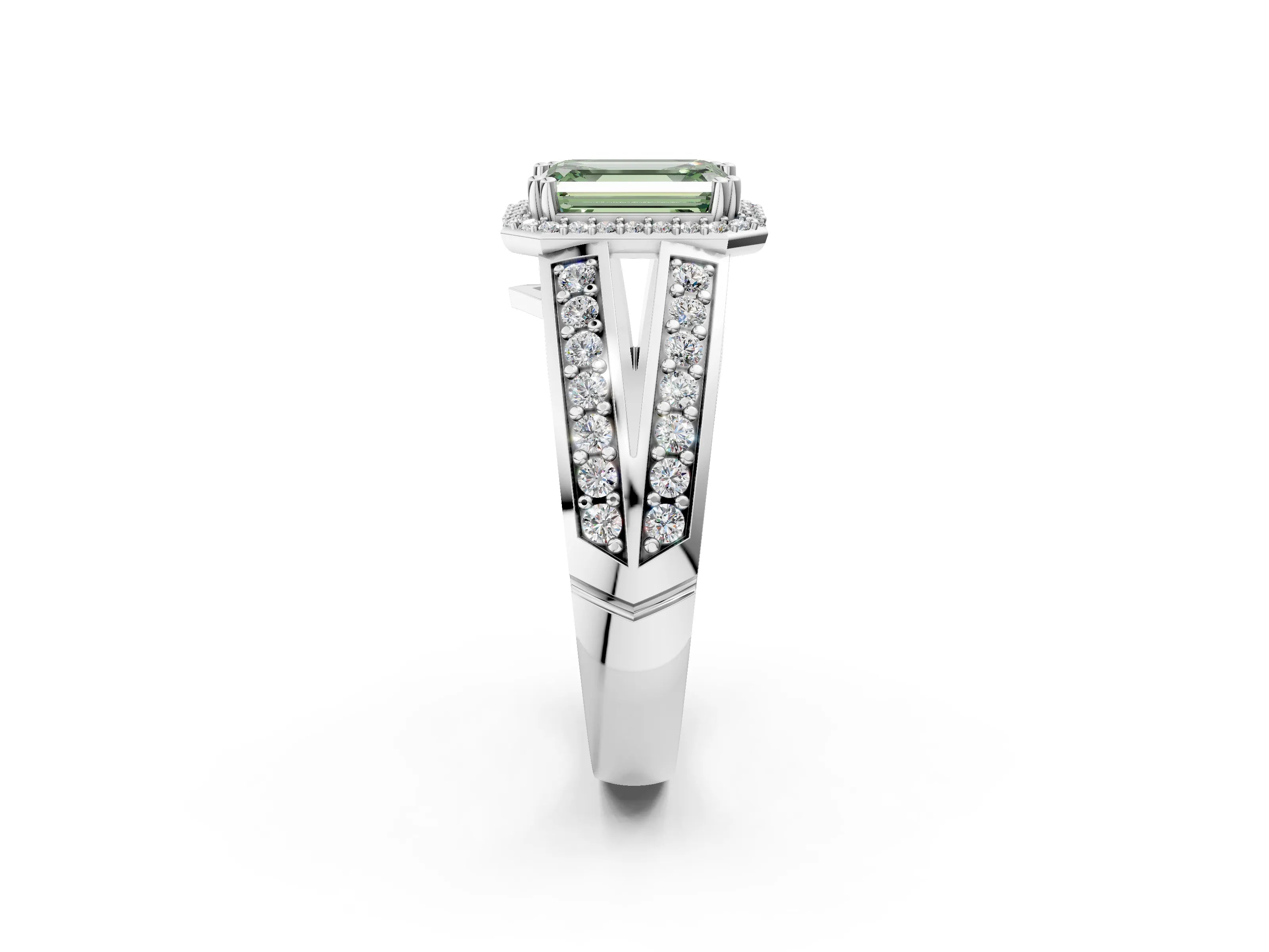White gold Fancy Green Emerald Cut Diamond Halo Ring with Split Shank Pavé Band and Four-Prong Setting_21
