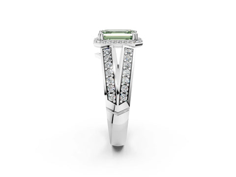 White gold Fancy Green Emerald Cut Diamond Halo Ring with Split Shank Pavé Band and Four-Prong Setting_21