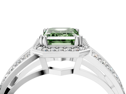 White gold Fancy Green Emerald Cut Diamond Halo Ring with Split Shank Pavé Band and Four-Prong Setting_23