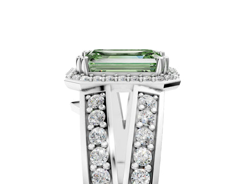 White gold Fancy Green Emerald Cut Diamond Halo Ring with Split Shank Pavé Band and Four-Prong Setting_24