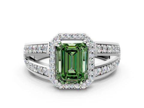 White gold Fancy Green Emerald Cut Diamond Halo Ring with Split Shank Pavé Band and Four-Prong Setting_37