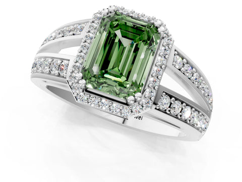 White gold Fancy Green Emerald Cut Diamond Halo Ring with Split Shank Pavé Band and Four-Prong Setting_38