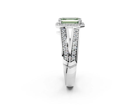 White gold Fancy Green Emerald Cut Diamond Halo Ring with Split Shank Pavé Band and Four-Prong Setting_39