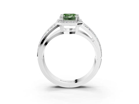 White gold Fancy Green Emerald Cut Diamond Halo Ring with Split Shank Pavé Band and Four-Prong Setting_40