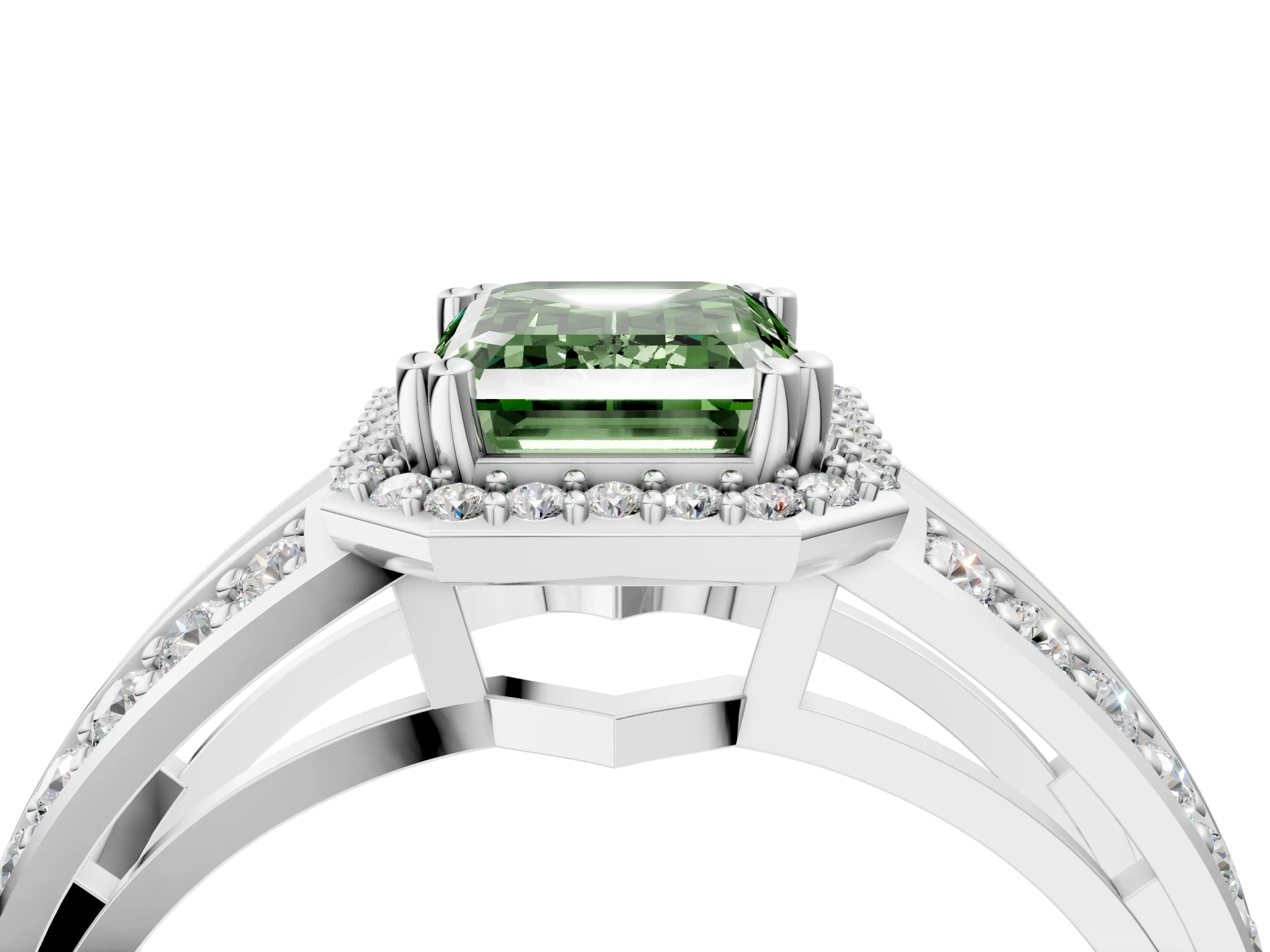 White gold Fancy Green Emerald Cut Diamond Halo Ring with Split Shank Pavé Band and Four-Prong Setting_41