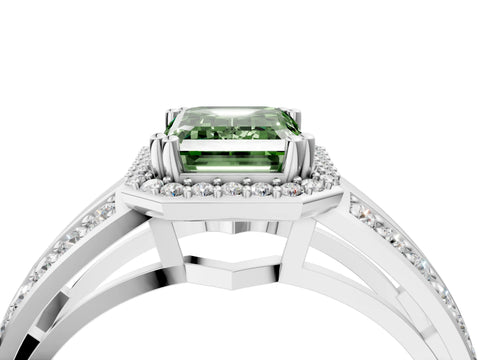 White gold Fancy Green Emerald Cut Diamond Halo Ring with Split Shank Pavé Band and Four-Prong Setting_41