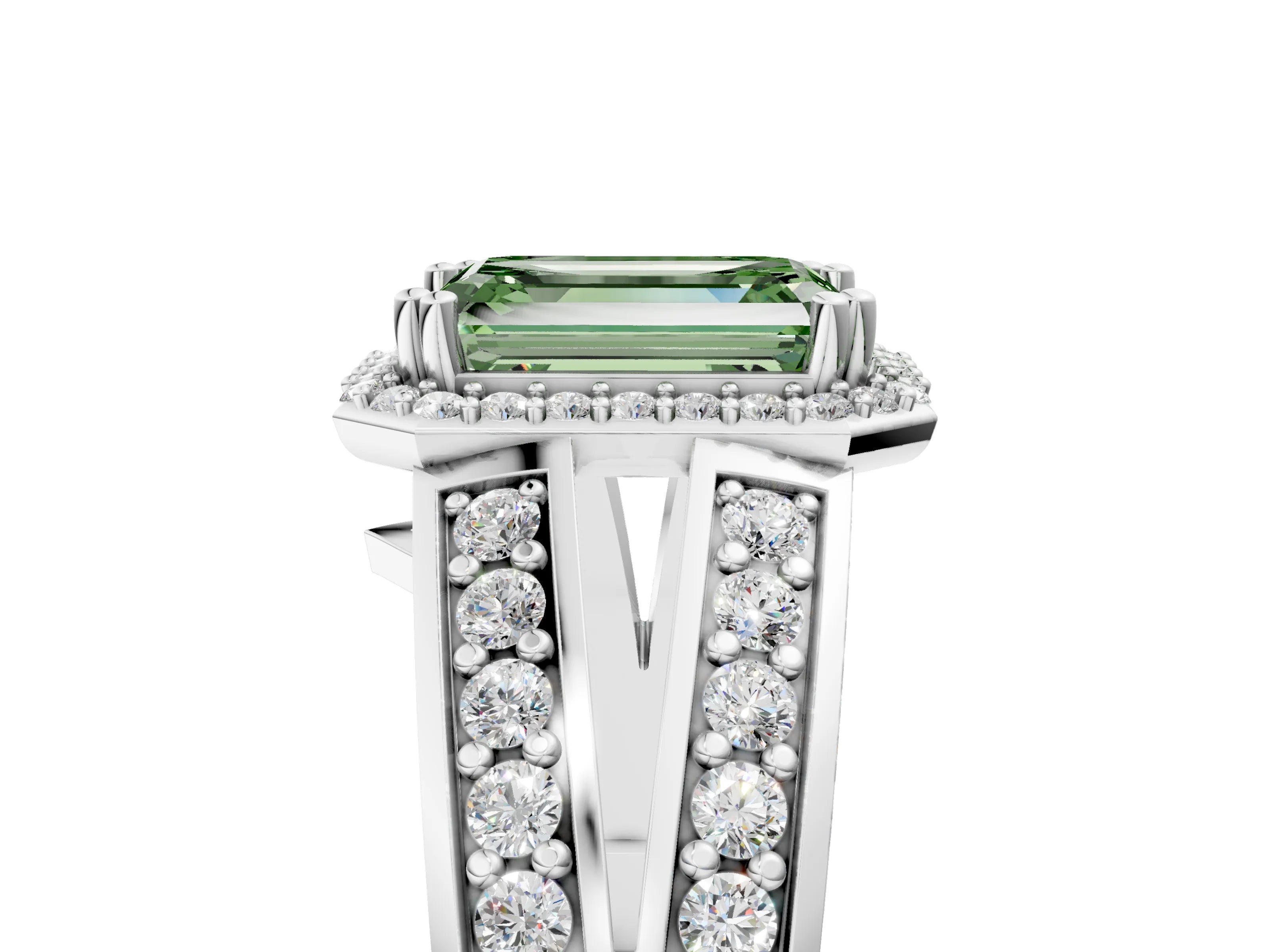White gold Fancy Green Emerald Cut Diamond Halo Ring with Split Shank Pavé Band and Four-Prong Setting_42