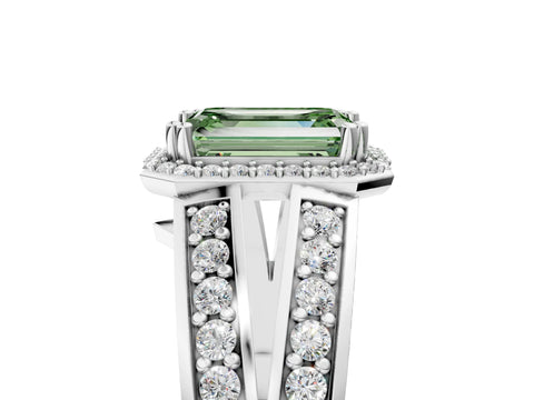 White gold Fancy Green Emerald Cut Diamond Halo Ring with Split Shank Pavé Band and Four-Prong Setting_42