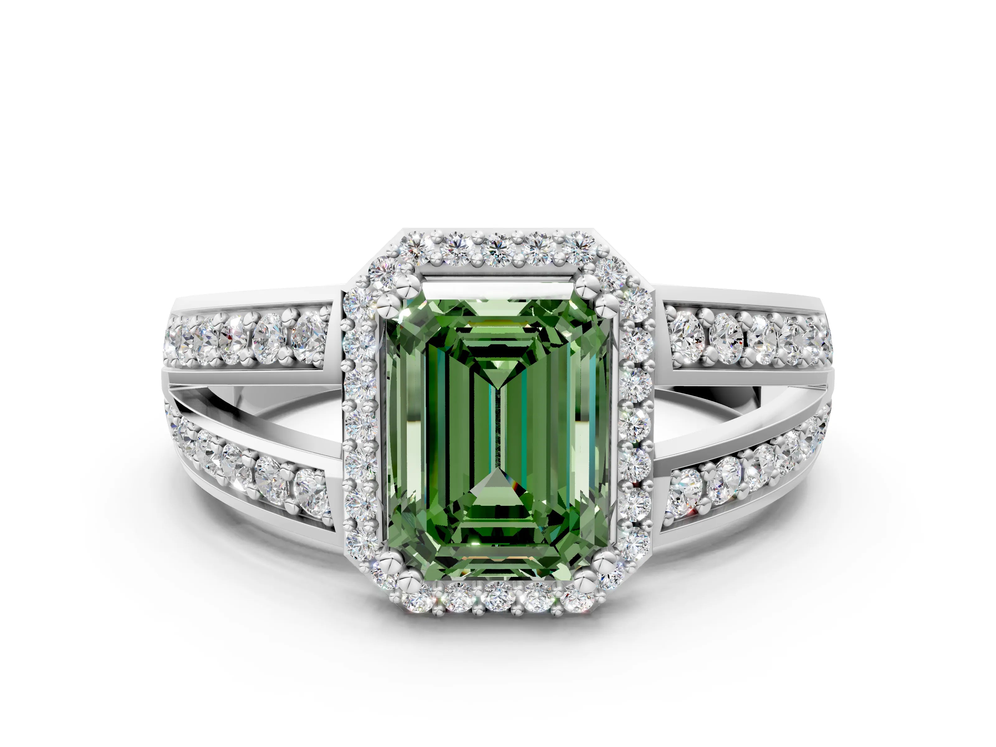 White gold Fancy Green Emerald Cut Diamond Halo Ring with Split Shank Pavé Band and Four-Prong Setting_48
