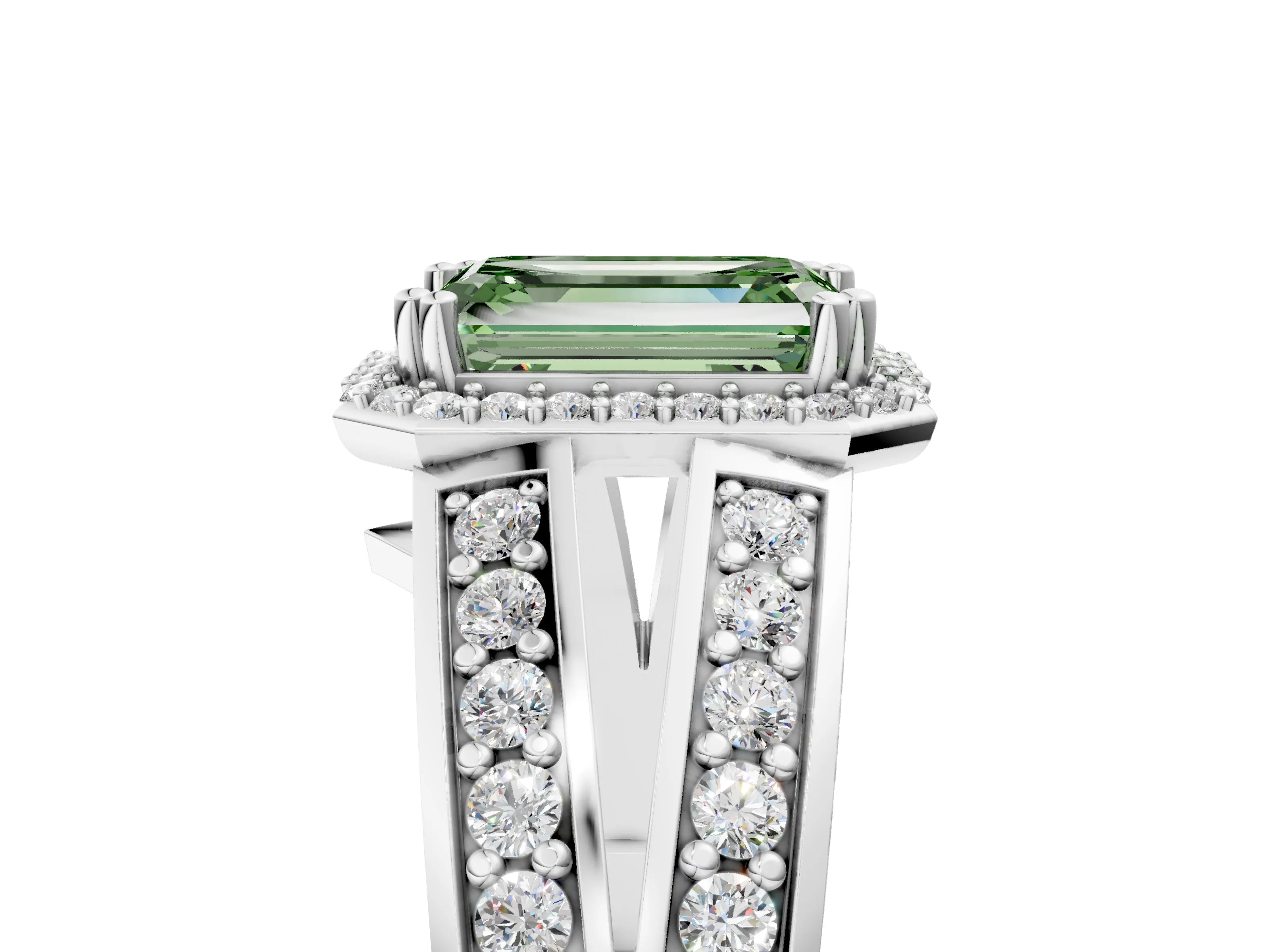 White gold Fancy Green Emerald Cut Diamond Halo Ring with Split Shank Pavé Band and Four-Prong Setting_65