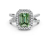 White gold Fancy Green Emerald Cut Diamond Halo Ring with Split Shank Pavé Band and Prong Setting_77